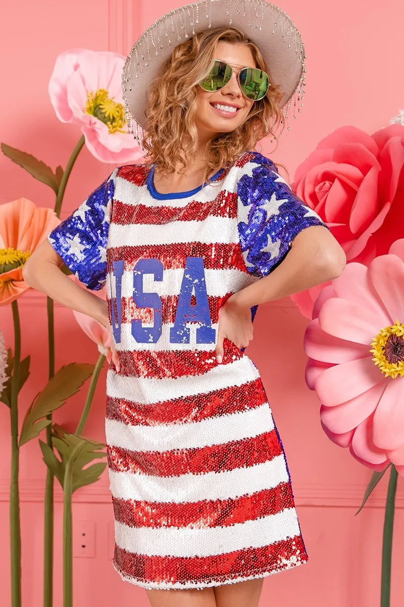 BiBi American Flag Theme Usa Print Sequin Dress-Dresses-Krush Kandy, Women's Online Fashion Boutique Located in Phoenix, Arizona (Scottsdale Area)