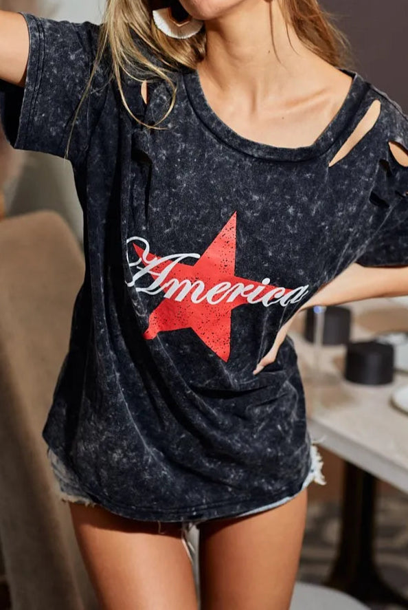 BiBi Laser Cut Mineral Washed Jersey Top with America-Tops-Krush Kandy, Women's Online Fashion Boutique Located in Phoenix, Arizona (Scottsdale Area)