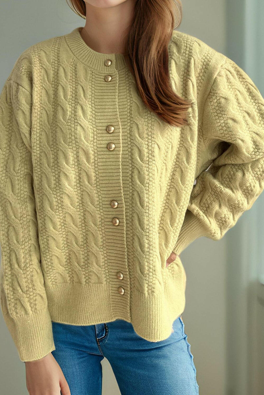 Cable-Knit Round Neck Long Sleeve Cardigan-Cardigans-Krush Kandy, Women's Online Fashion Boutique Located in Phoenix, Arizona (Scottsdale Area)
