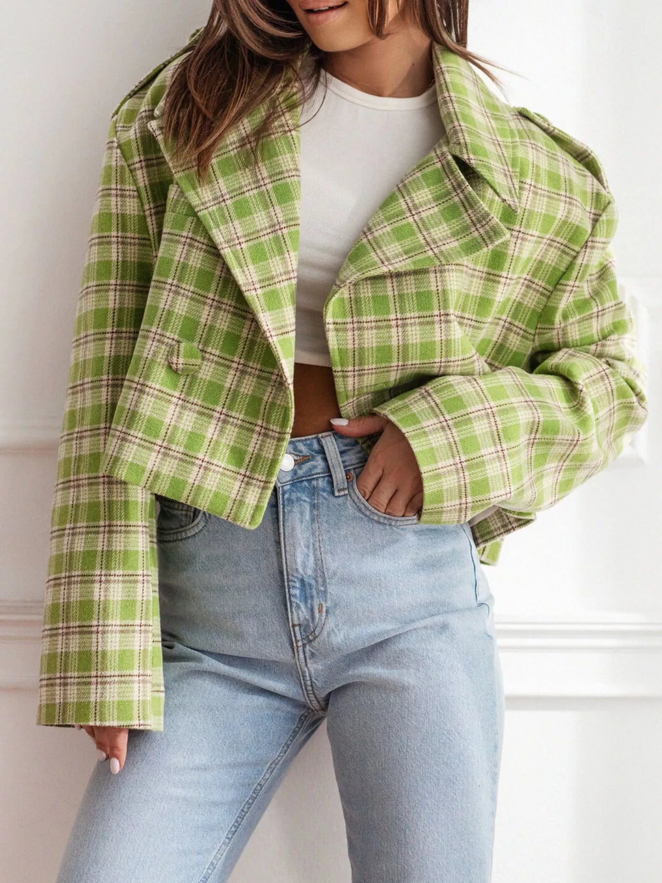 Plaid Lapel Collar Cropped Outerwear-Jackets-Krush Kandy, Women's Online Fashion Boutique Located in Phoenix, Arizona (Scottsdale Area)