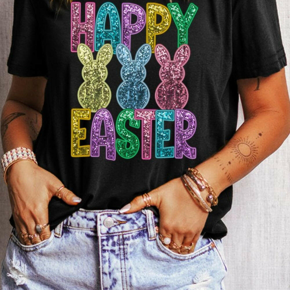 HAPPY EASTER Sequin Bunny Round Neck T-Shirt-Graphic Tees-Krush Kandy, Women's Online Fashion Boutique Located in Phoenix, Arizona (Scottsdale Area)