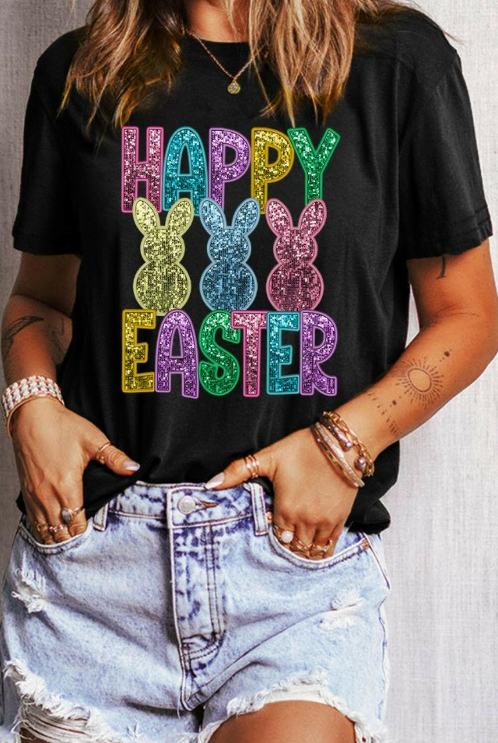 HAPPY EASTER Sequin Bunny Round Neck T-Shirt-Graphic Tees-Krush Kandy, Women's Online Fashion Boutique Located in Phoenix, Arizona (Scottsdale Area)