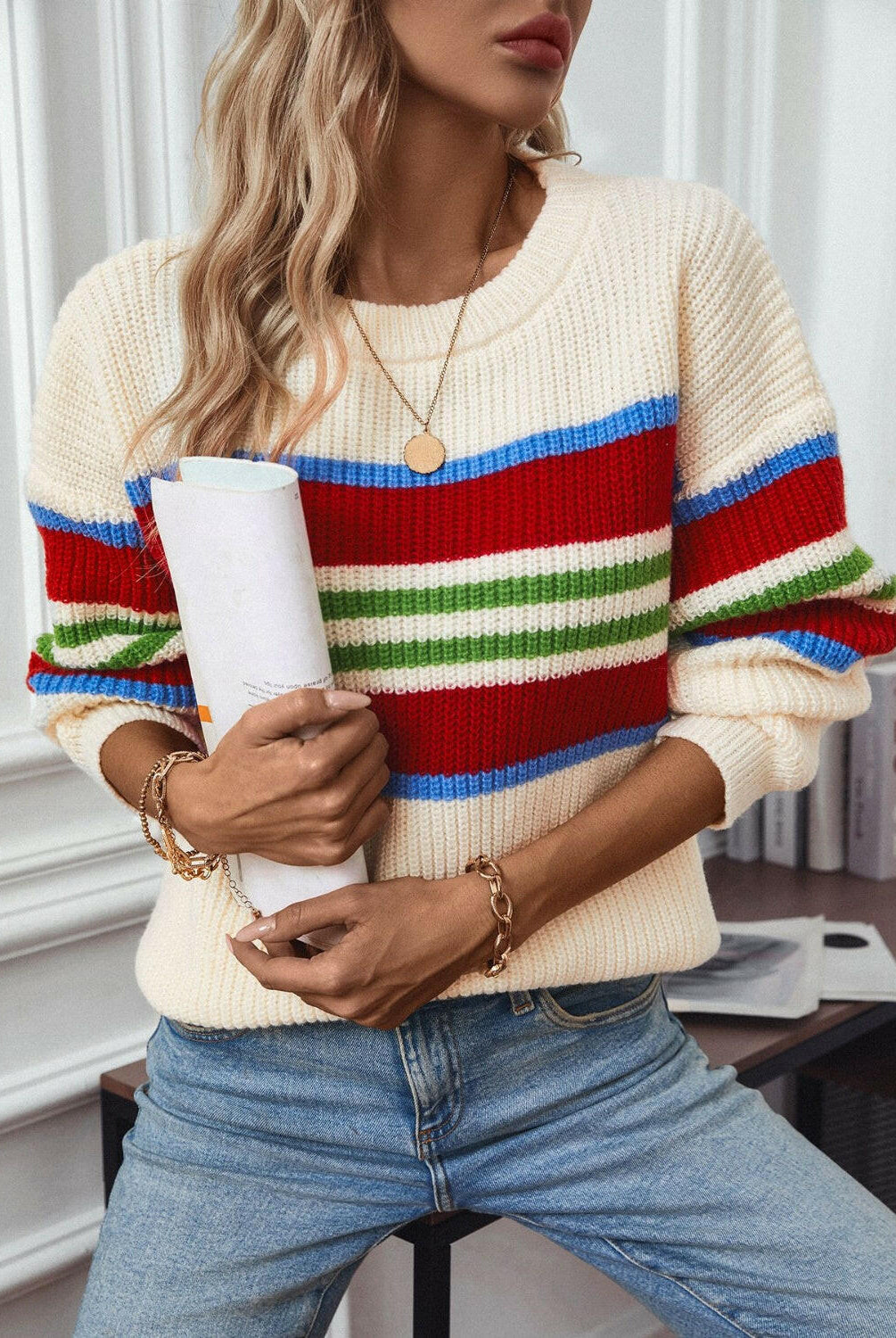 Contrast Stripes Round Neck Long Sleeve Sweater-Krush Kandy, Women's Online Fashion Boutique Located in Phoenix, Arizona (Scottsdale Area)