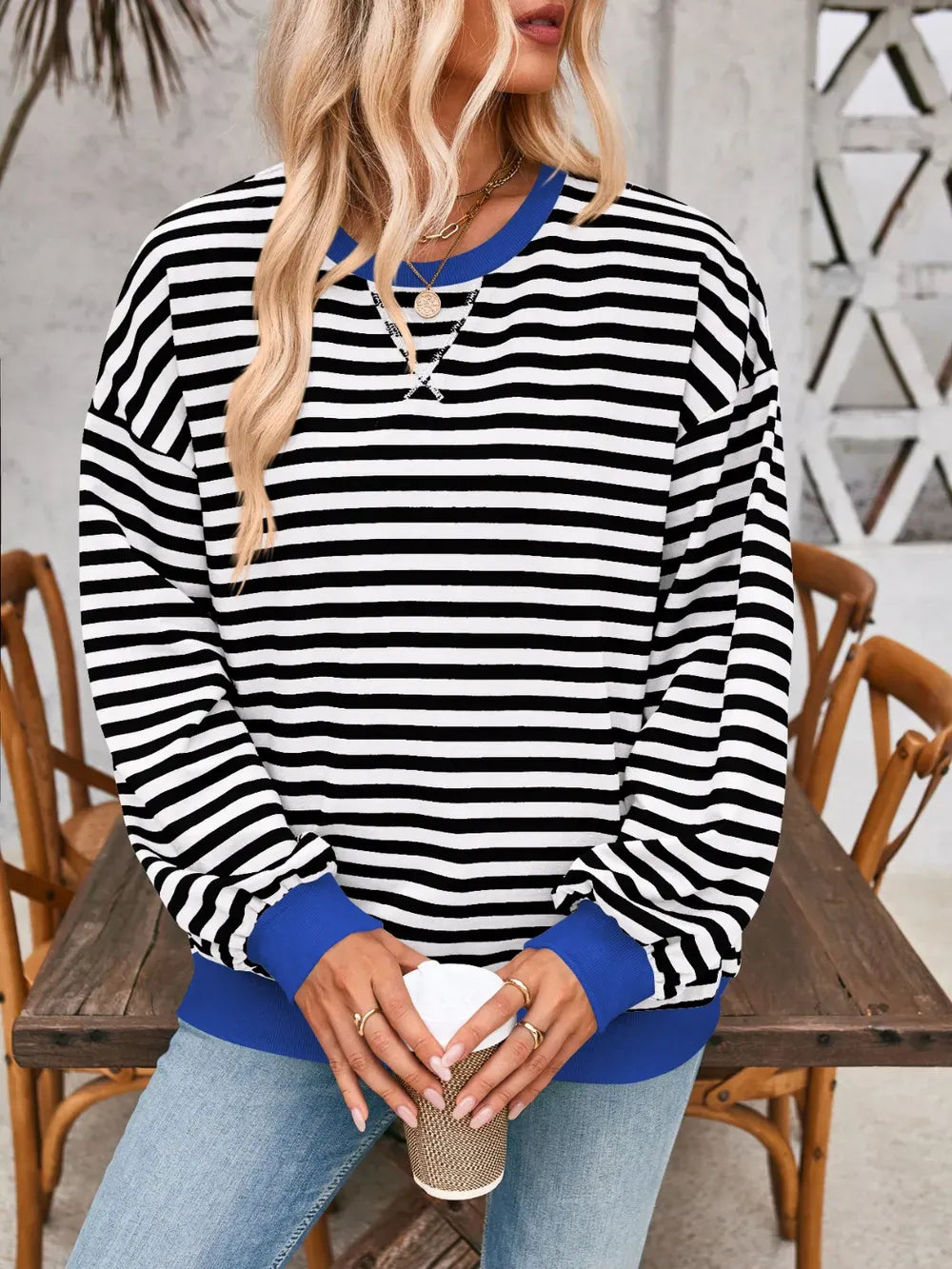 Lovelet Contrast Striped Long Sleeve Sweatshirt-Sweaters-Krush Kandy, Women's Online Fashion Boutique Located in Phoenix, Arizona (Scottsdale Area)