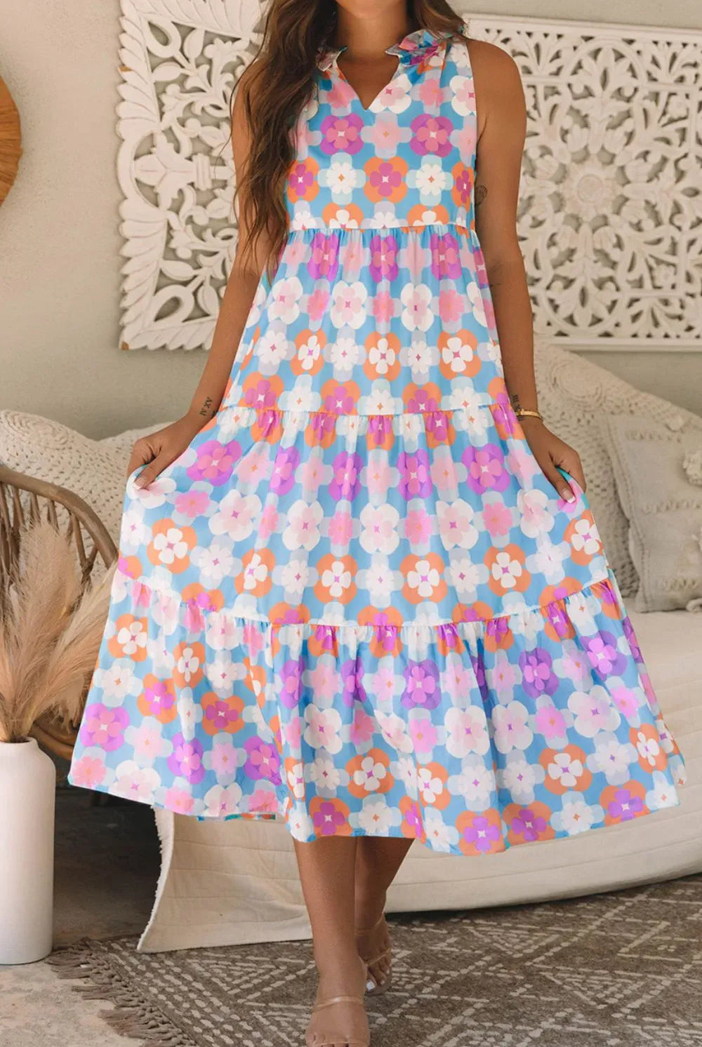 Floral Print Sleeveless Tiered Midi Dress-Dresses-Krush Kandy, Women's Online Fashion Boutique Located in Phoenix, Arizona (Scottsdale Area)