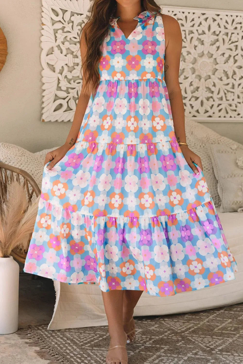 Floral Print Sleeveless Tiered Midi Dress-Dresses-Krush Kandy, Women's Online Fashion Boutique Located in Phoenix, Arizona (Scottsdale Area)