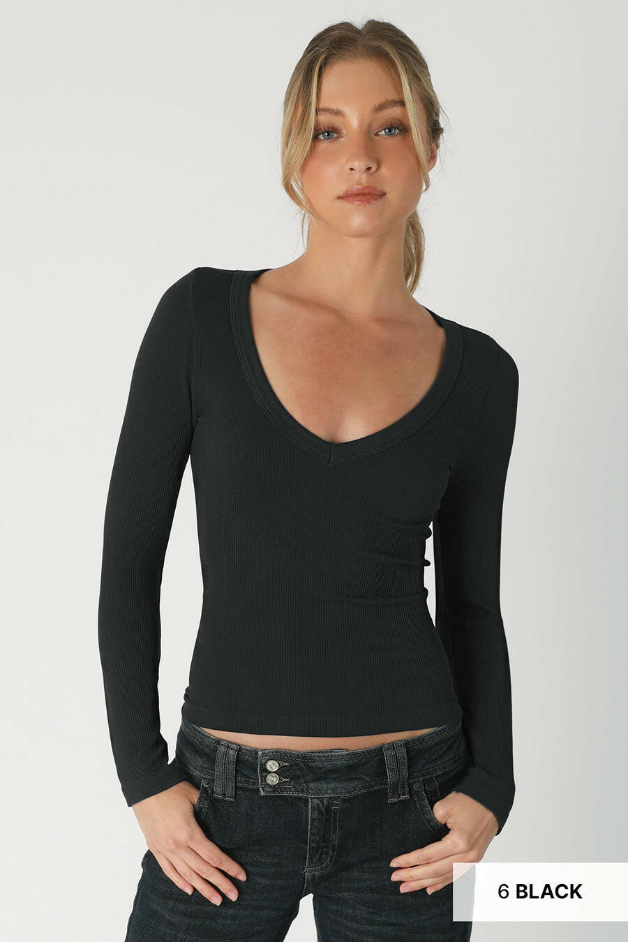 Dreamfit Deep V-Neck Long Sleeve - PREORDER-Long Sleeve Tops-Krush Kandy, Women's Online Fashion Boutique Located in Phoenix, Arizona (Scottsdale Area)