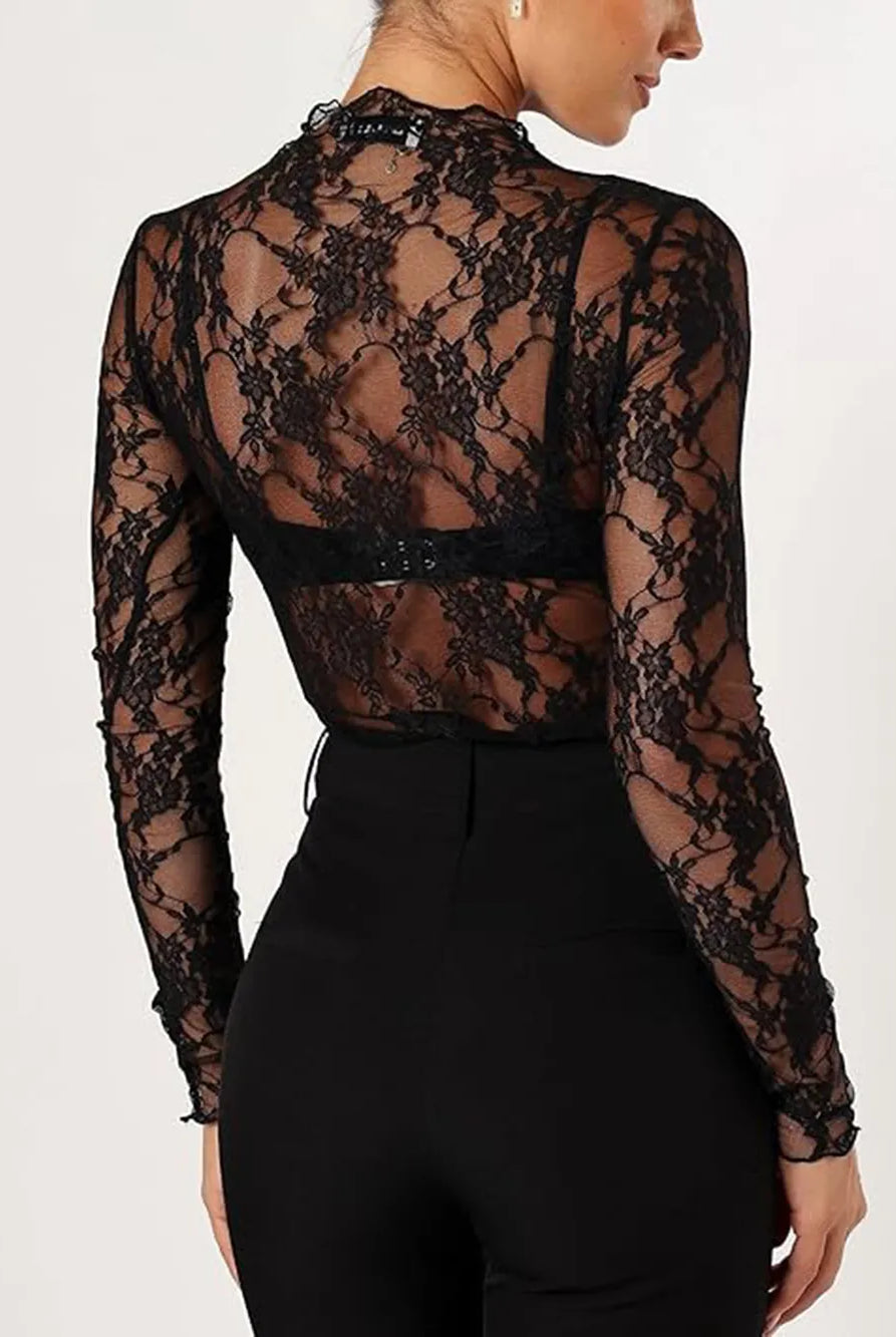 Floral Mock Neck Long Sleeve Mesh Top-Tops-Krush Kandy, Women's Online Fashion Boutique Located in Phoenix, Arizona (Scottsdale Area)
