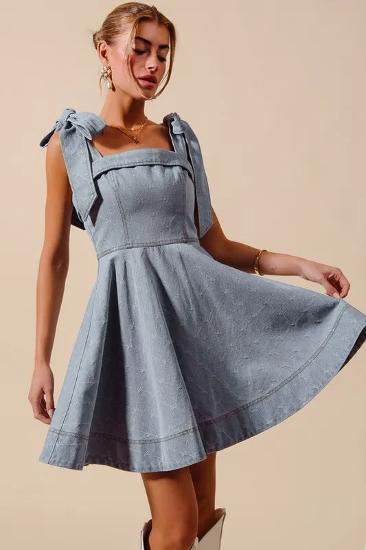 SO ME A Line Bow Denim Dress-Dresses-Krush Kandy, Women's Online Fashion Boutique Located in Phoenix, Arizona (Scottsdale Area)