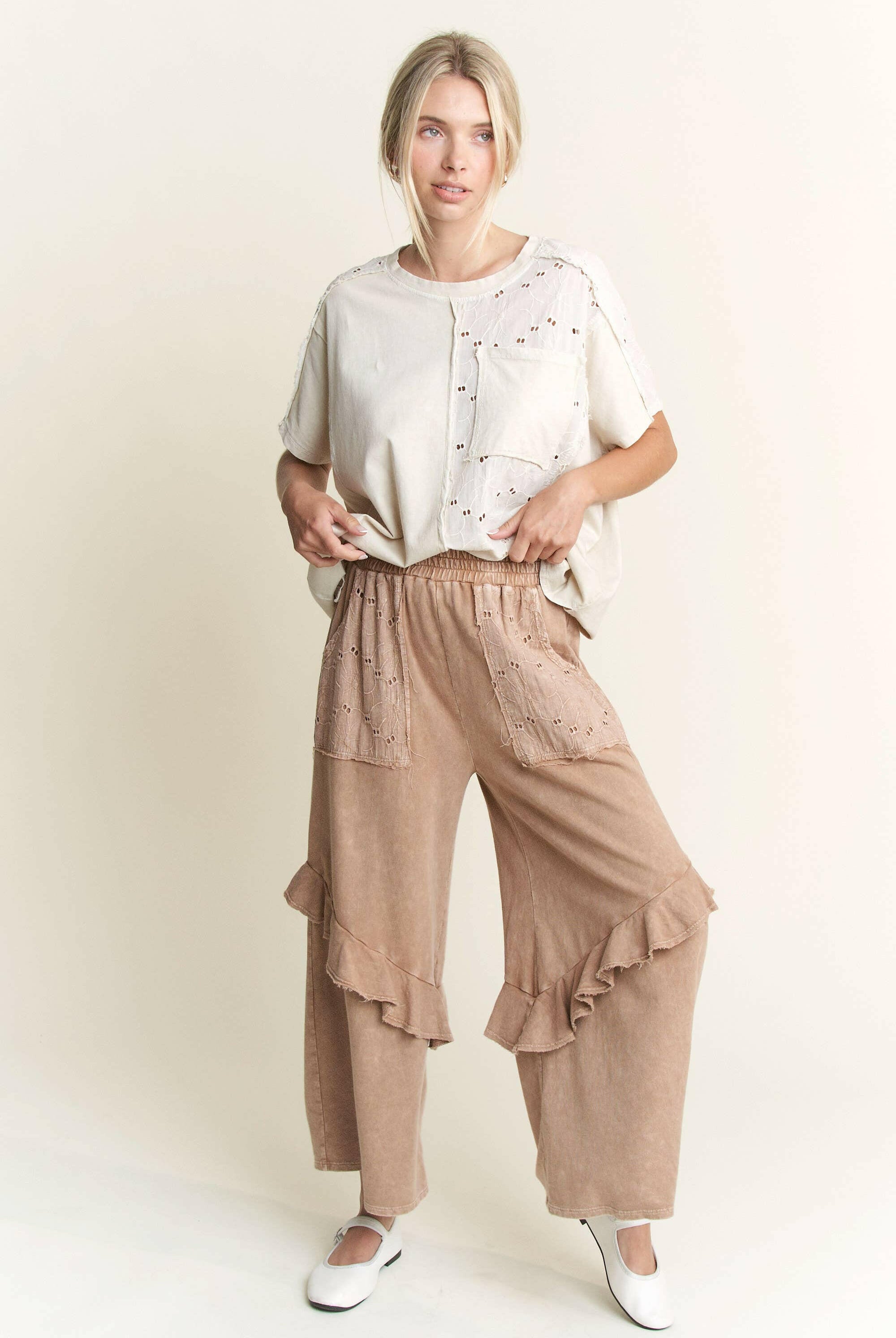 J.HER Mineral Wash Eyelet Pocket Ruffle Pants-Krush Kandy, Women's Online Fashion Boutique Located in Phoenix, Arizona (Scottsdale Area)