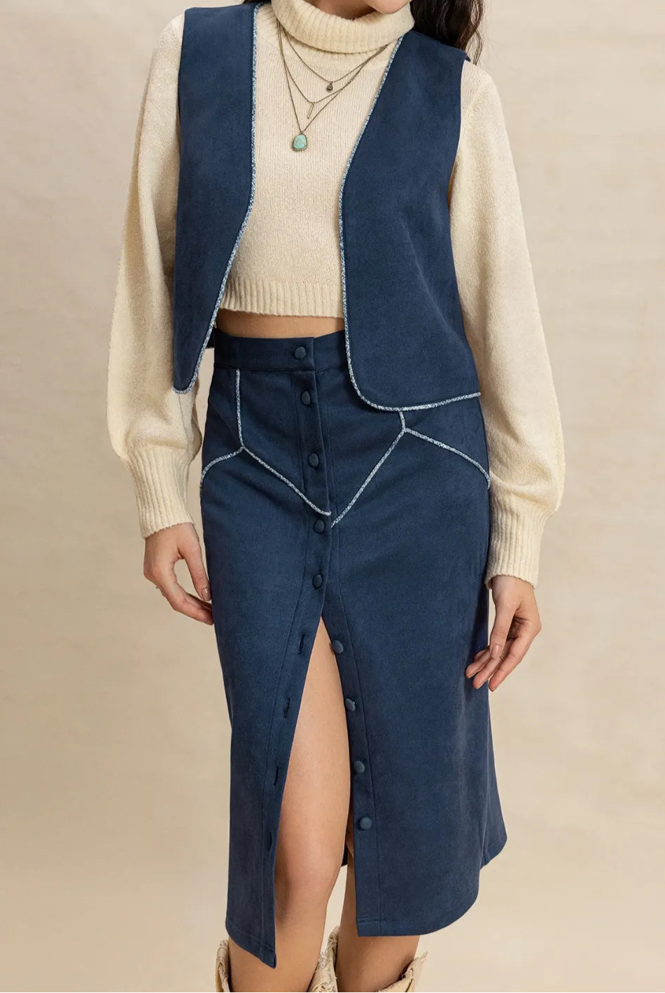 Open Front Vest and Buttoned Skirt Set-2 Piece Outfit Sets-Krush Kandy, Women's Online Fashion Boutique Located in Phoenix, Arizona (Scottsdale Area)