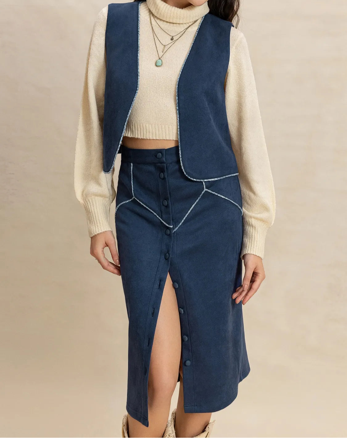 Open Front Vest and Buttoned Skirt Set-2 Piece Outfit Sets-Krush Kandy, Women's Online Fashion Boutique Located in Phoenix, Arizona (Scottsdale Area)