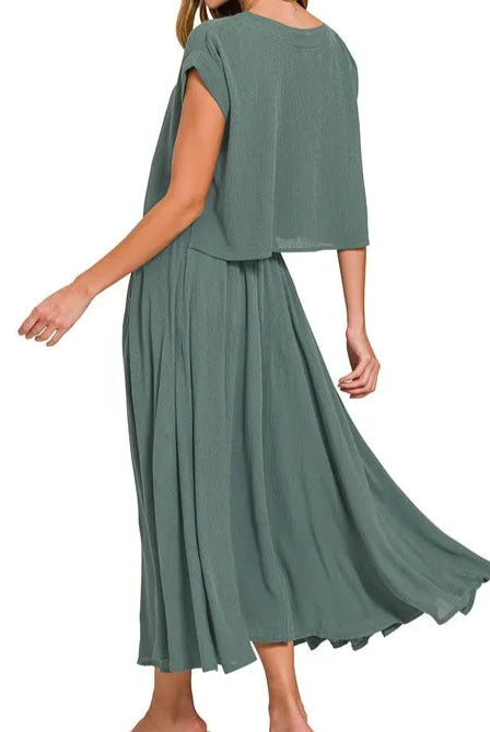 Woven Crinkle Gauze Crop Tee and Skirt Set-2 Piece Outfit Sets-Krush Kandy, Women's Online Fashion Boutique Located in Phoenix, Arizona (Scottsdale Area)