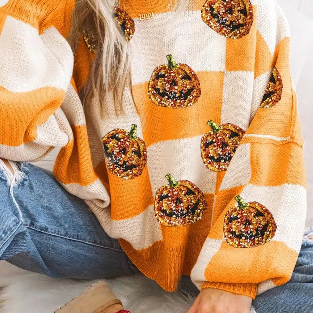 Pumpkin Checkered Round Neck Long Sleeve Sweater-Sweater-Krush Kandy, Women's Online Fashion Boutique Located in Phoenix, Arizona (Scottsdale Area)