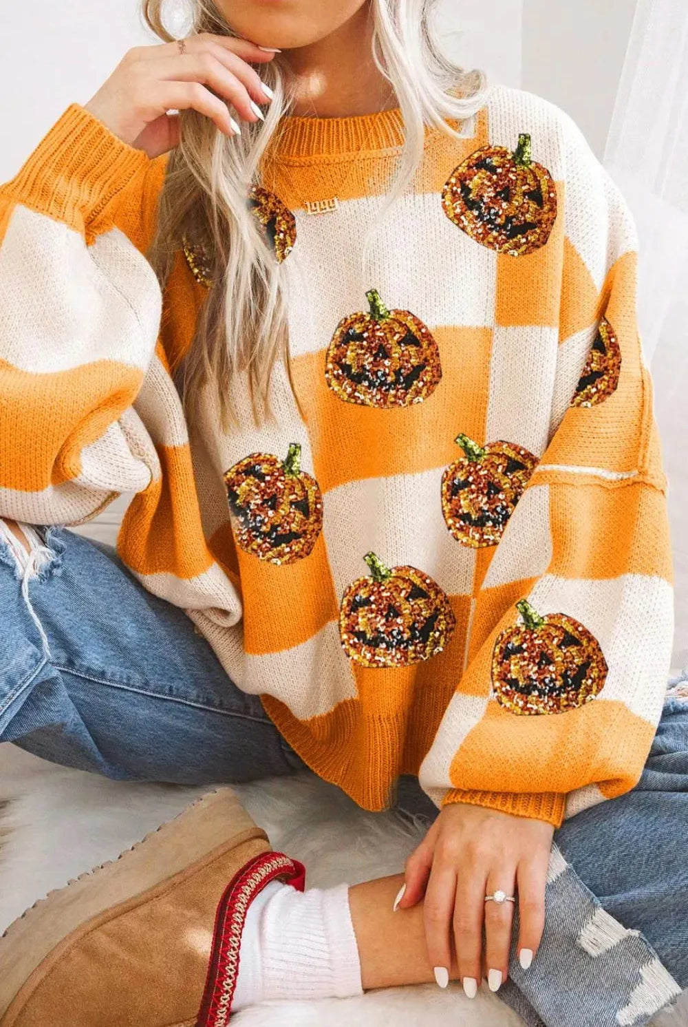 Pumpkin Checkered Round Neck Long Sleeve Sweater-Sweater-Krush Kandy, Women's Online Fashion Boutique Located in Phoenix, Arizona (Scottsdale Area)