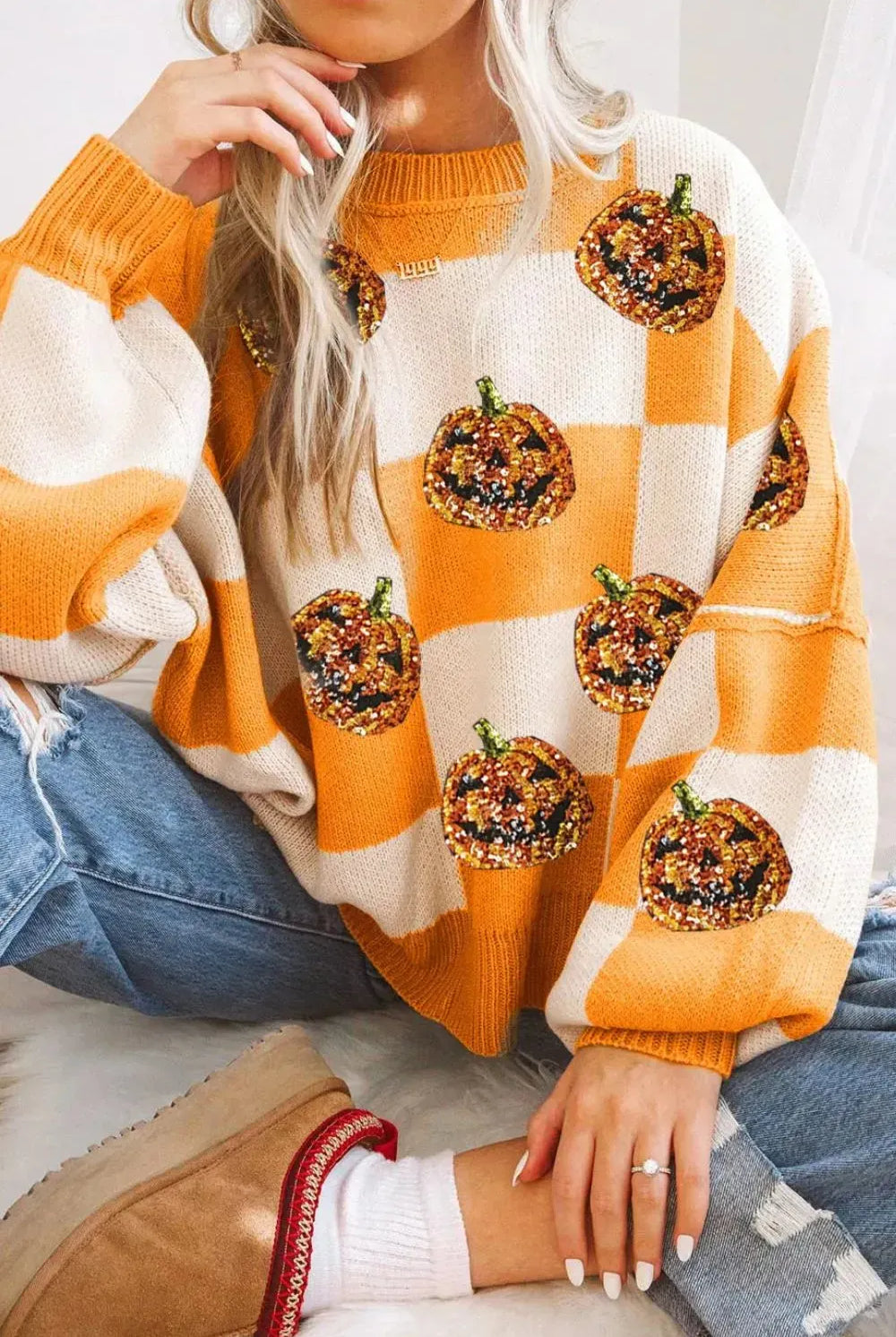 Pumpkin Checkered Round Neck Long Sleeve Sweater-Sweater-Krush Kandy, Women's Online Fashion Boutique Located in Phoenix, Arizona (Scottsdale Area)