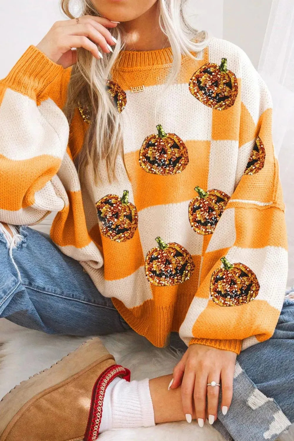 Pumpkin Checkered Round Neck Long Sleeve Sweater-Sweater-Krush Kandy, Women's Online Fashion Boutique Located in Phoenix, Arizona (Scottsdale Area)
