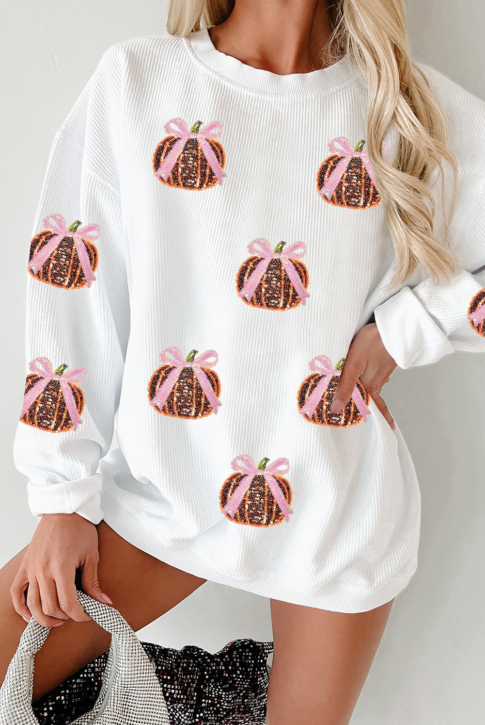 Pink Bow Pumpkin Sequin Sweatshirt-Sweaters-Krush Kandy, Women's Online Fashion Boutique Located in Phoenix, Arizona (Scottsdale Area)
