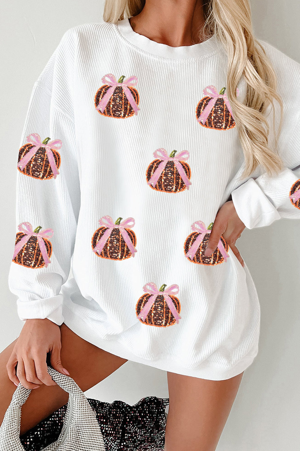 Pink Bow Pumpkin Sequin Sweatshirt-Sweaters-Krush Kandy, Women's Online Fashion Boutique Located in Phoenix, Arizona (Scottsdale Area)