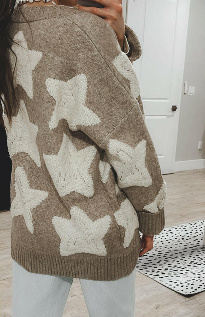 Starry Comfort: Sherpa Accent Star Oversized Cardigan-Cardigans-Krush Kandy, Women's Online Fashion Boutique Located in Phoenix, Arizona (Scottsdale Area)