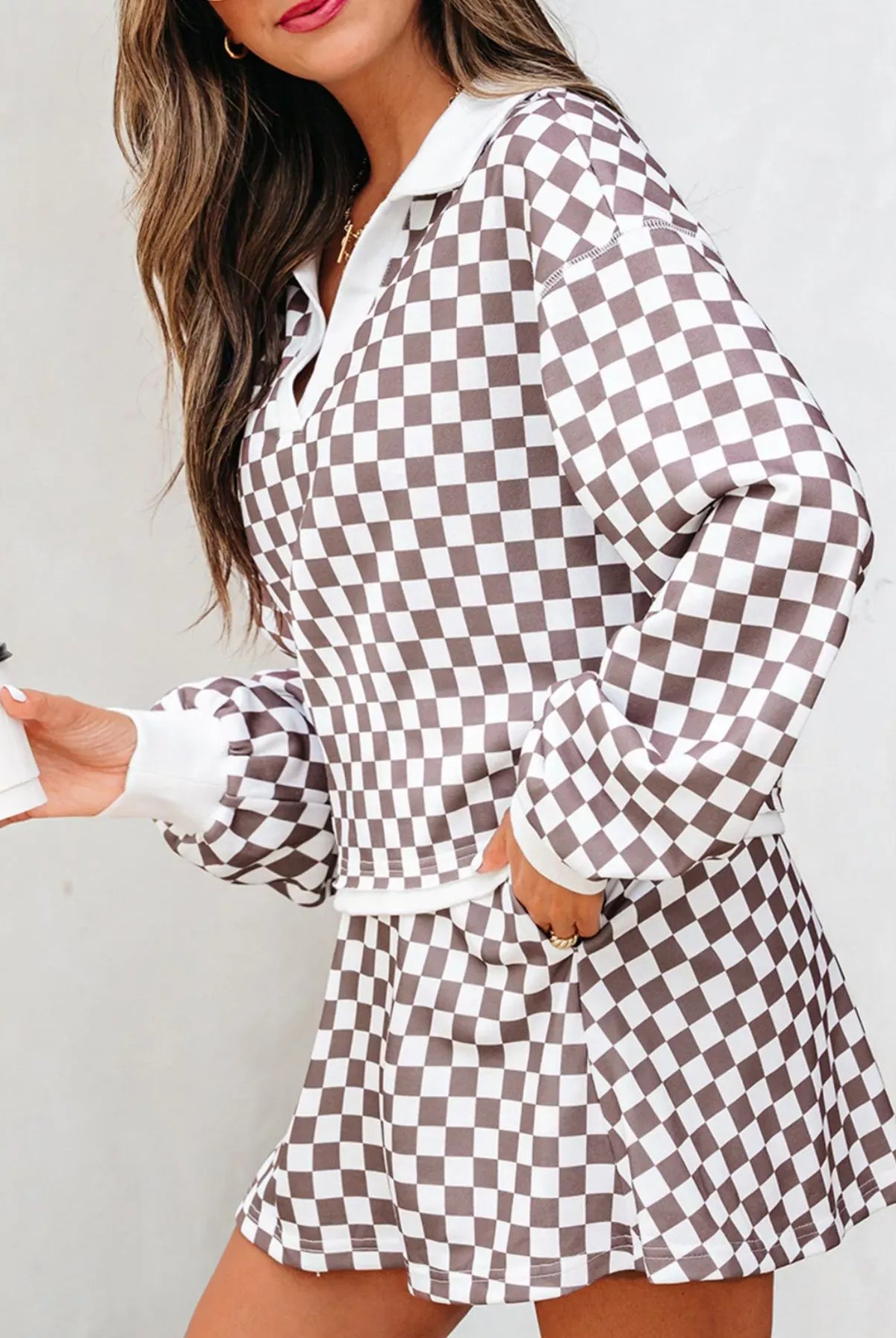 Checkered Print Polo Collar Cropped Long Sleeve Top and Drawstring Mini Skirt Set-2 Piece Outfit Sets-Krush Kandy, Women's Online Fashion Boutique Located in Phoenix, Arizona (Scottsdale Area)