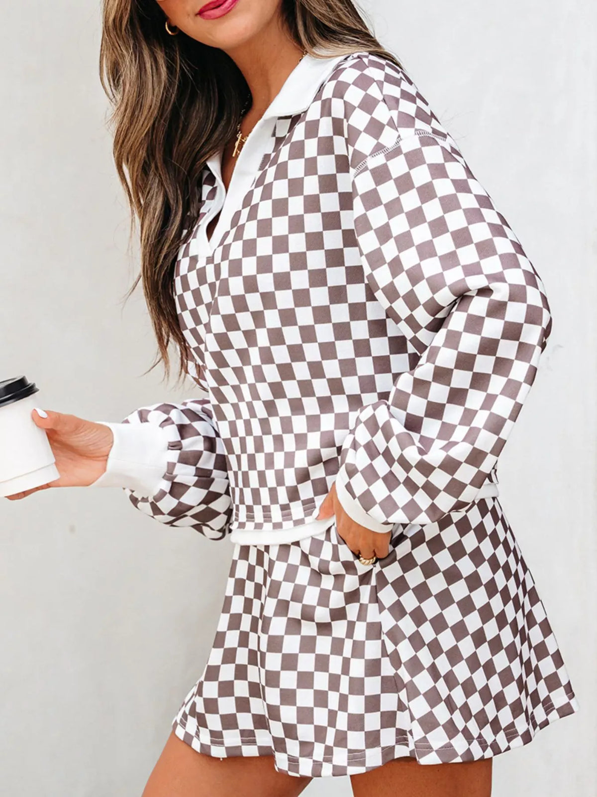 Checkered Print Polo Collar Cropped Long Sleeve Top and Drawstring Mini Skirt Set-2 Piece Outfit Sets-Krush Kandy, Women's Online Fashion Boutique Located in Phoenix, Arizona (Scottsdale Area)