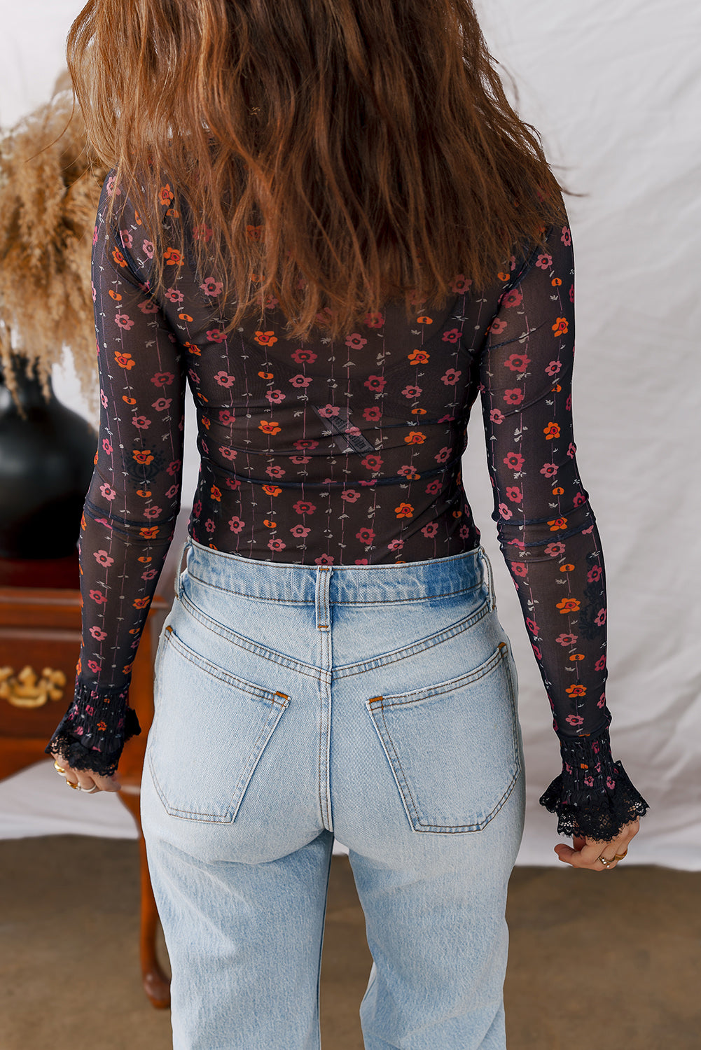 Black Mesh Floral Lace Cuff Bodysuit-Long Sleeve Tops-Krush Kandy, Women's Online Fashion Boutique Located in Phoenix, Arizona (Scottsdale Area)