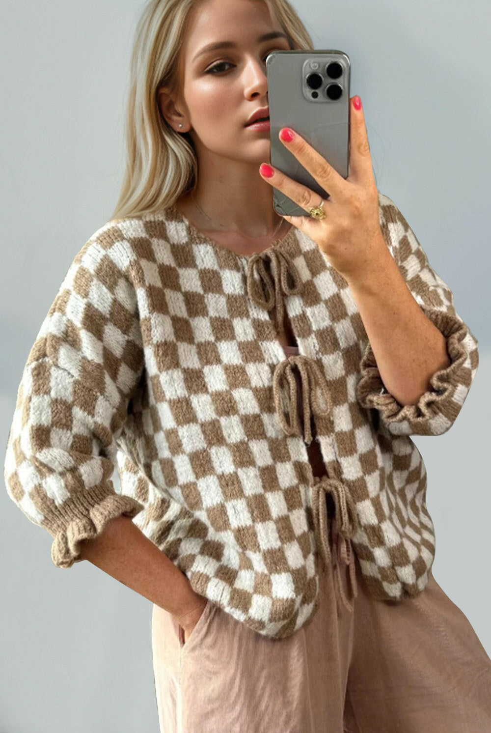 Double Take Tied Checkered Dropped Shoulder Flounce Sleeve Cardigan-Krush Kandy, Women's Online Fashion Boutique Located in Phoenix, Arizona (Scottsdale Area)