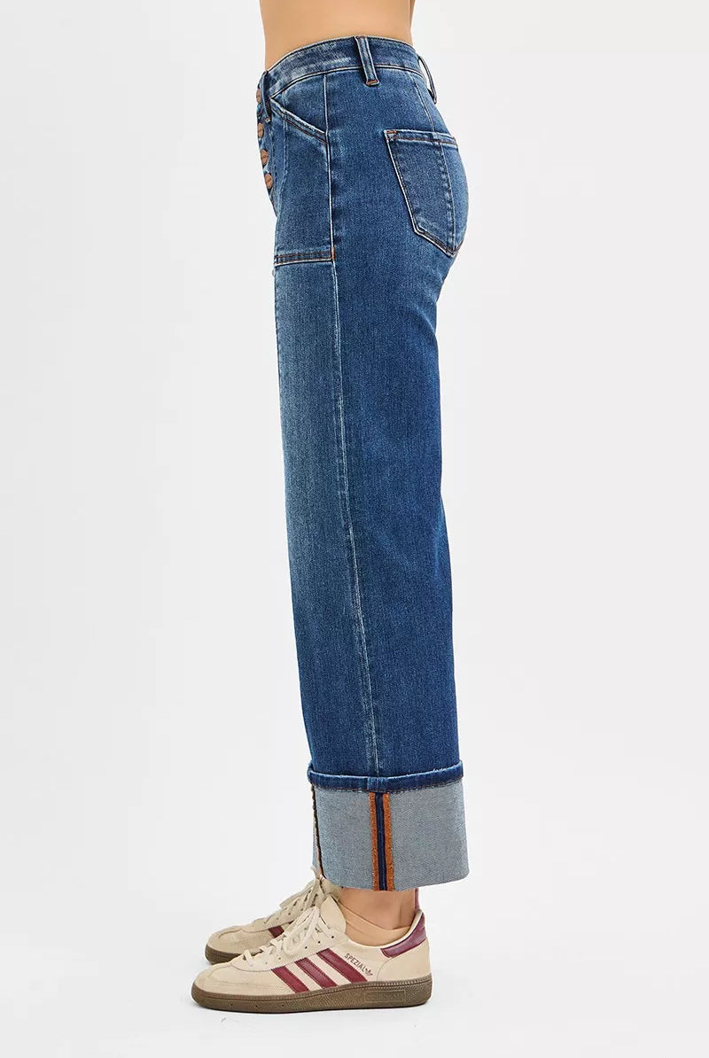 RISEN Full Size High Rise Crop Wide Straight Cuffed Jeans Plus Size-Jeans-Krush Kandy, Women's Online Fashion Boutique Located in Phoenix, Arizona (Scottsdale Area)