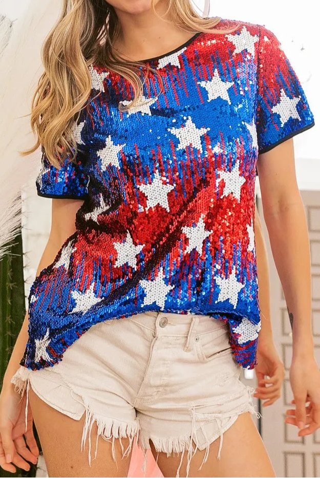 BiBi American Theme Star Pattern Sequin Top-tops-Krush Kandy, Women's Online Fashion Boutique Located in Phoenix, Arizona (Scottsdale Area)