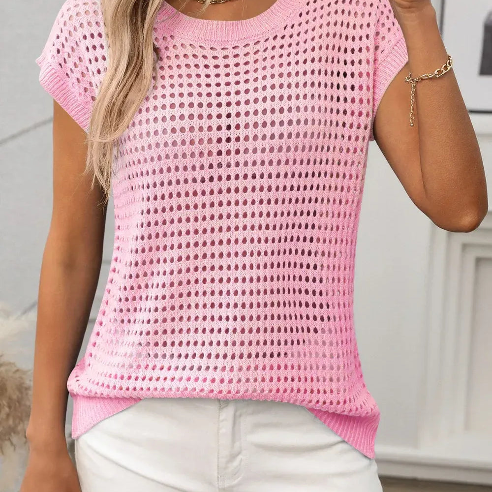 Openwork Round Neck Short Sleeve Knit Cover Up-Krush Kandy, Women's Online Fashion Boutique Located in Phoenix, Arizona (Scottsdale Area)