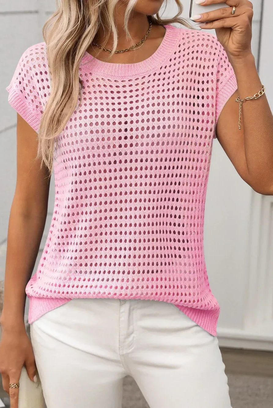 Openwork Round Neck Short Sleeve Knit Cover Up-Krush Kandy, Women's Online Fashion Boutique Located in Phoenix, Arizona (Scottsdale Area)