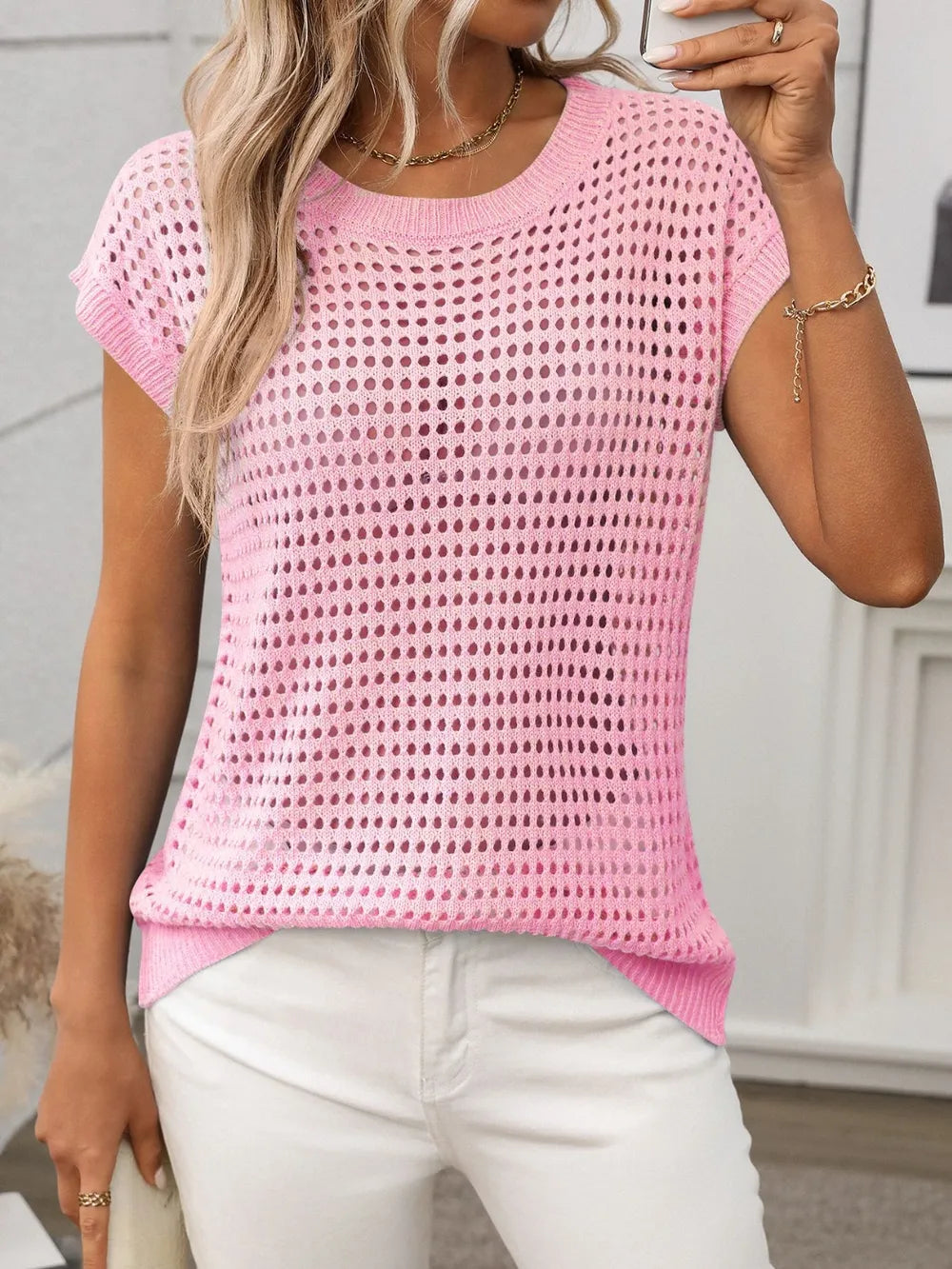 Openwork Round Neck Short Sleeve Knit Cover Up-Krush Kandy, Women's Online Fashion Boutique Located in Phoenix, Arizona (Scottsdale Area)