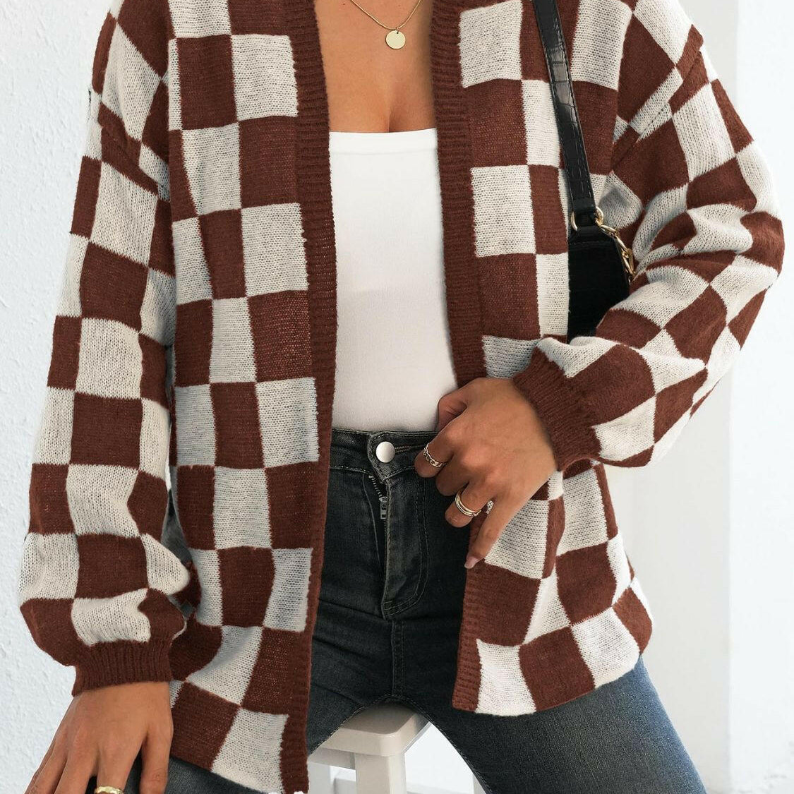 Checkered Open Front Long Sleeve Cardigan-Cardigans-Krush Kandy, Women's Online Fashion Boutique Located in Phoenix, Arizona (Scottsdale Area)