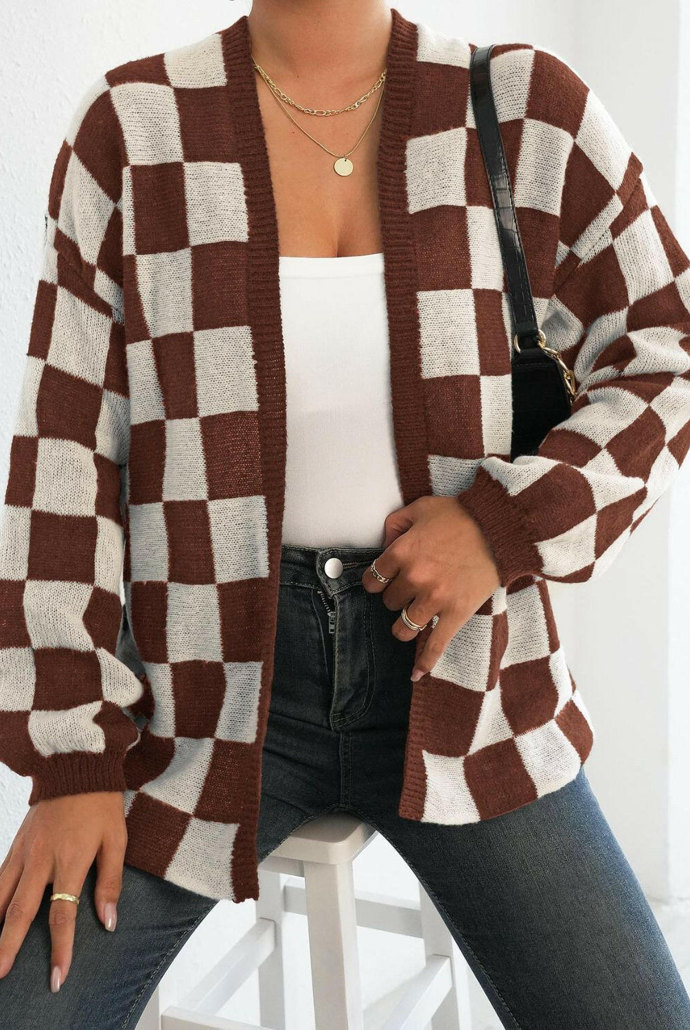 Checkered Open Front Long Sleeve Cardigan-Cardigans-Krush Kandy, Women's Online Fashion Boutique Located in Phoenix, Arizona (Scottsdale Area)