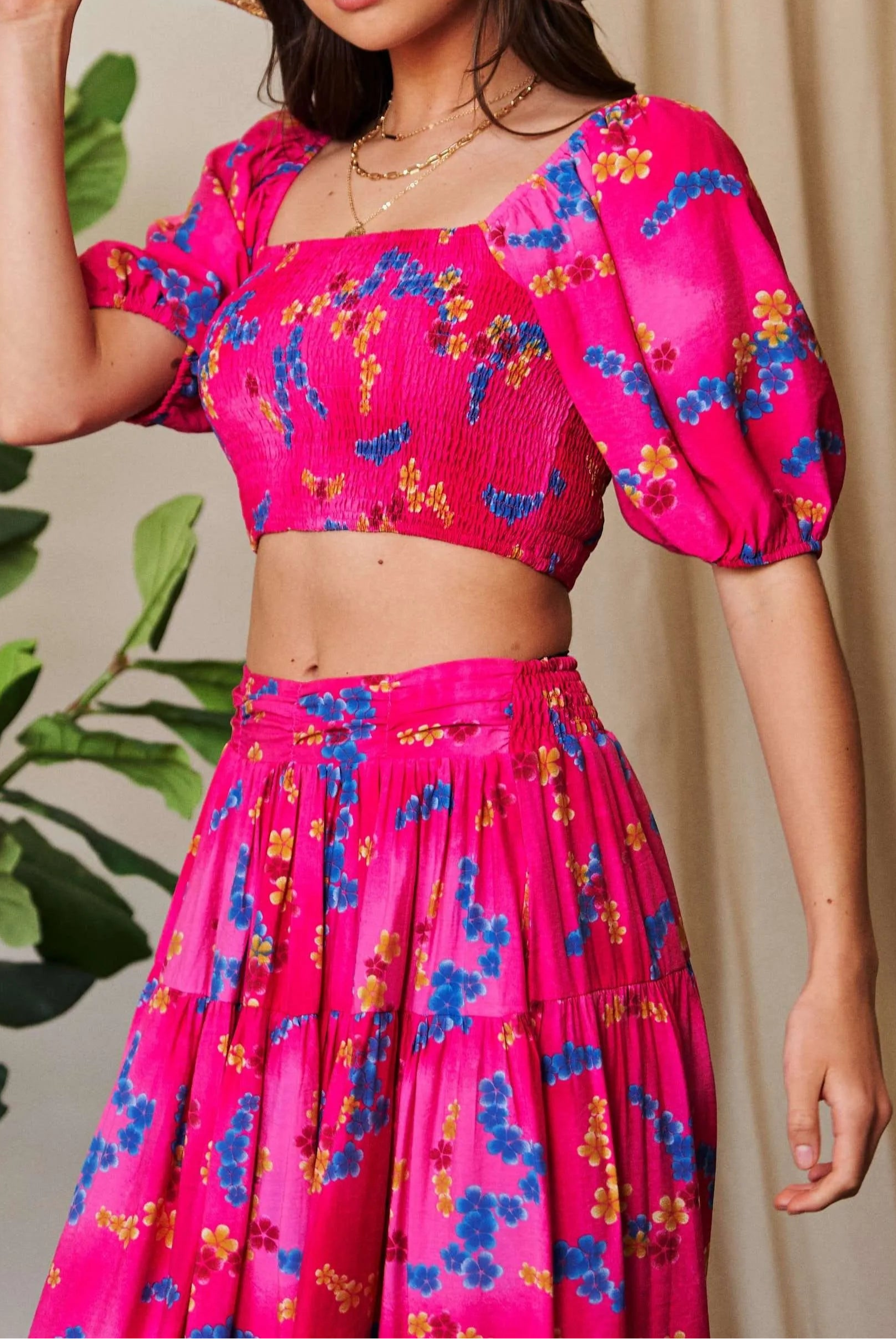 Davi & Dani Smocing Bodice Puff Short Sleeve Printed Crop Top-2 Piece Outfit Sets-Krush Kandy, Women's Online Fashion Boutique Located in Phoenix, Arizona (Scottsdale Area)
