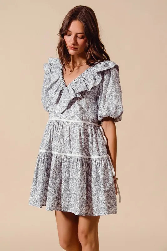 SO ME Cotton Printed Ruffle V Neckline Dress with Side Tie-Dresses-Krush Kandy, Women's Online Fashion Boutique Located in Phoenix, Arizona (Scottsdale Area)
