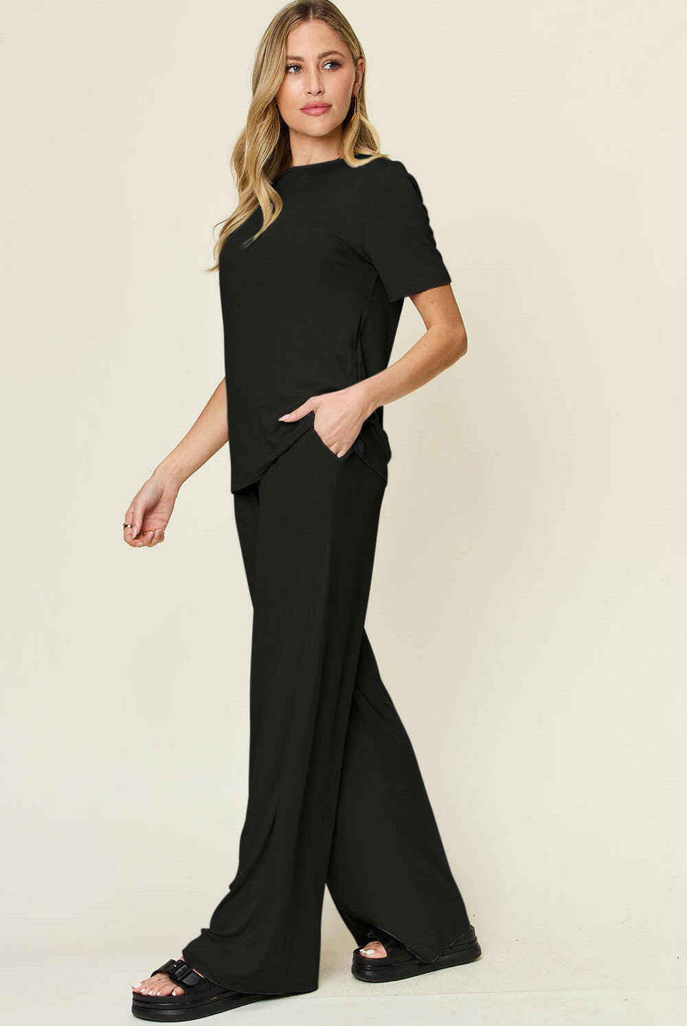 Double Take Full Size Round Neck Short Sleeve T-Shirt and Wide Leg Pants Set-Krush Kandy, Women's Online Fashion Boutique Located in Phoenix, Arizona (Scottsdale Area)