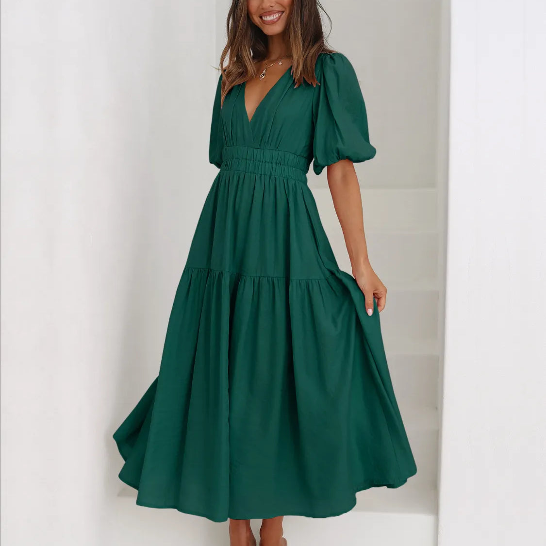 Tiered Surplice Half Sleeve Midi Dress-dress-Krush Kandy, Women's Online Fashion Boutique Located in Phoenix, Arizona (Scottsdale Area)