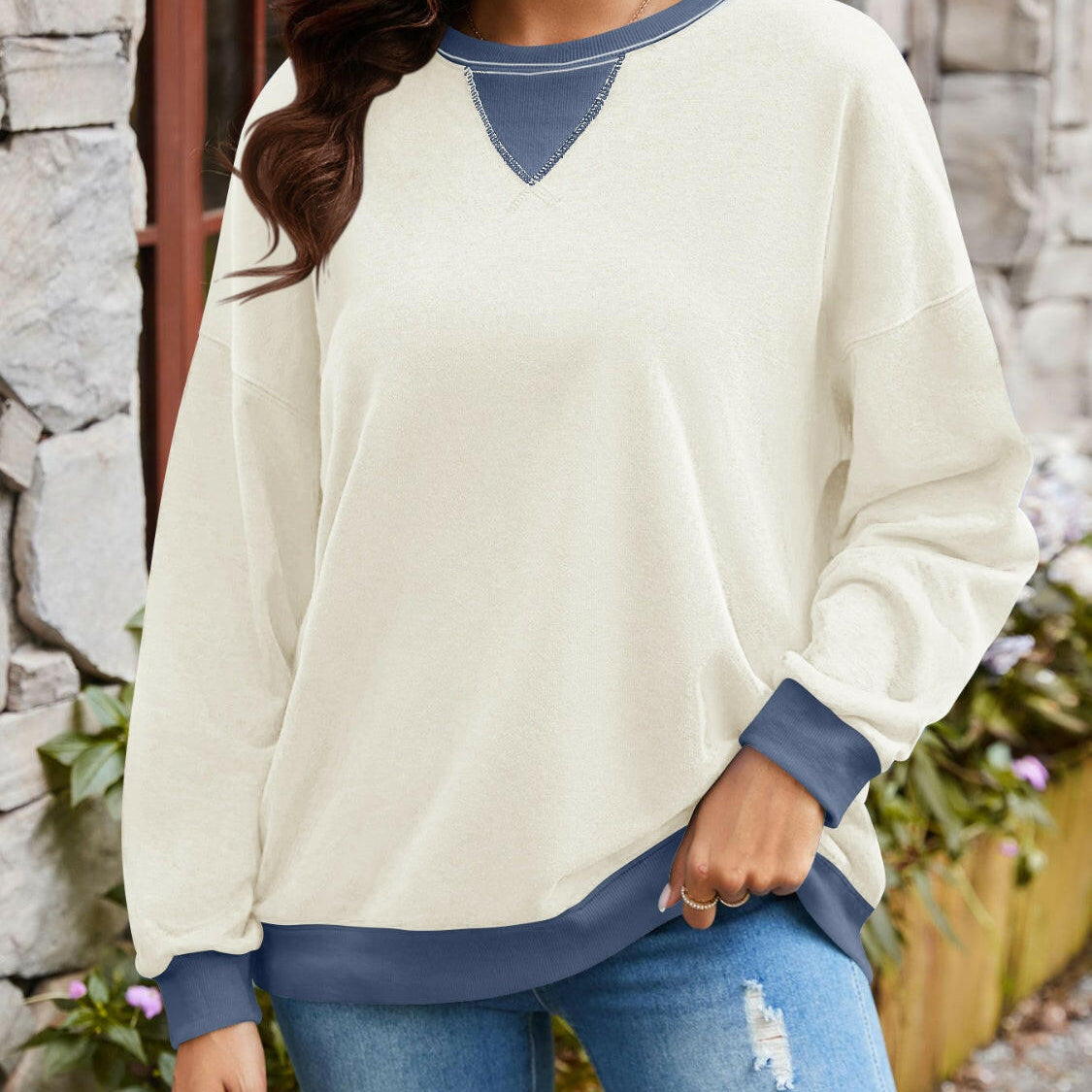 Lovelet Contrast Round Neck Long Sleeve Sweatshirt-Krush Kandy, Women's Online Fashion Boutique Located in Phoenix, Arizona (Scottsdale Area)