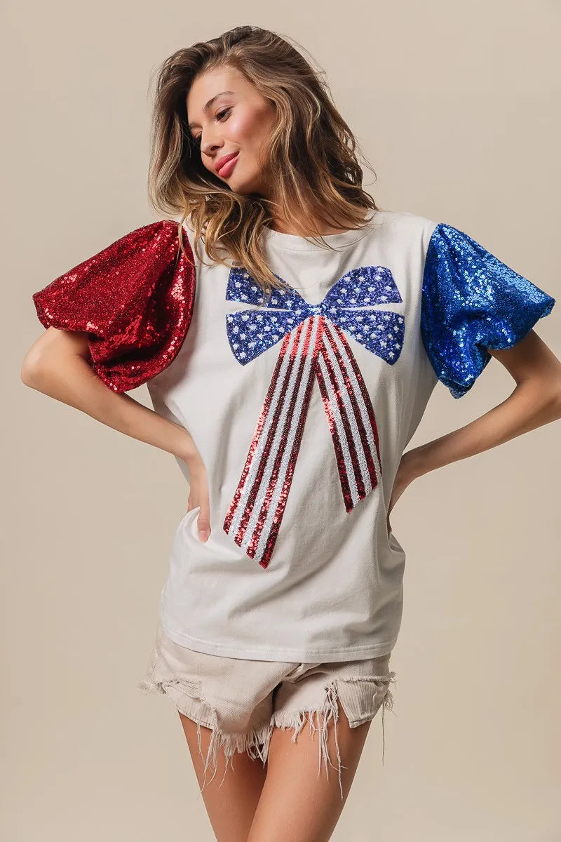 BiBi Sequin American Flag Bow Top-Tops-Krush Kandy, Women's Online Fashion Boutique Located in Phoenix, Arizona (Scottsdale Area)