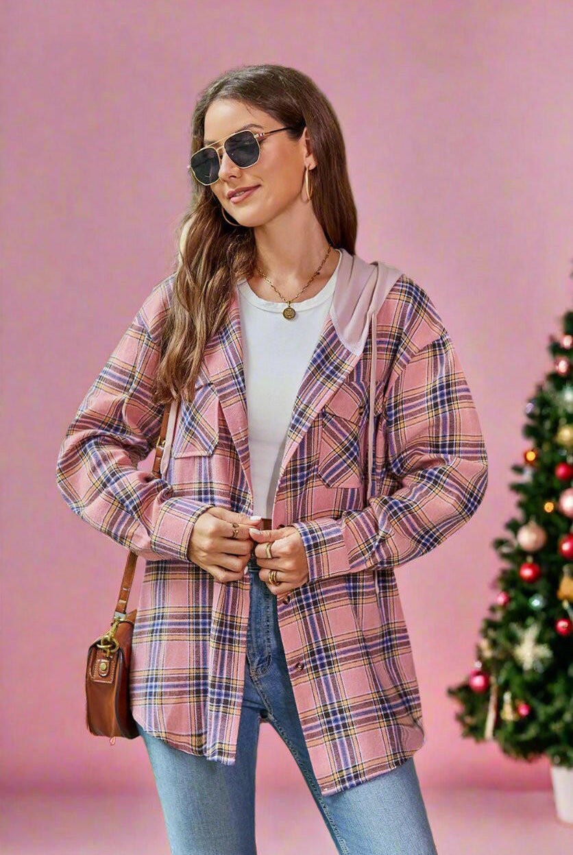 Mandy Holiday Plaid Long Sleeve Hooded Jacket-Shackets-Krush Kandy, Women's Online Fashion Boutique Located in Phoenix, Arizona (Scottsdale Area)