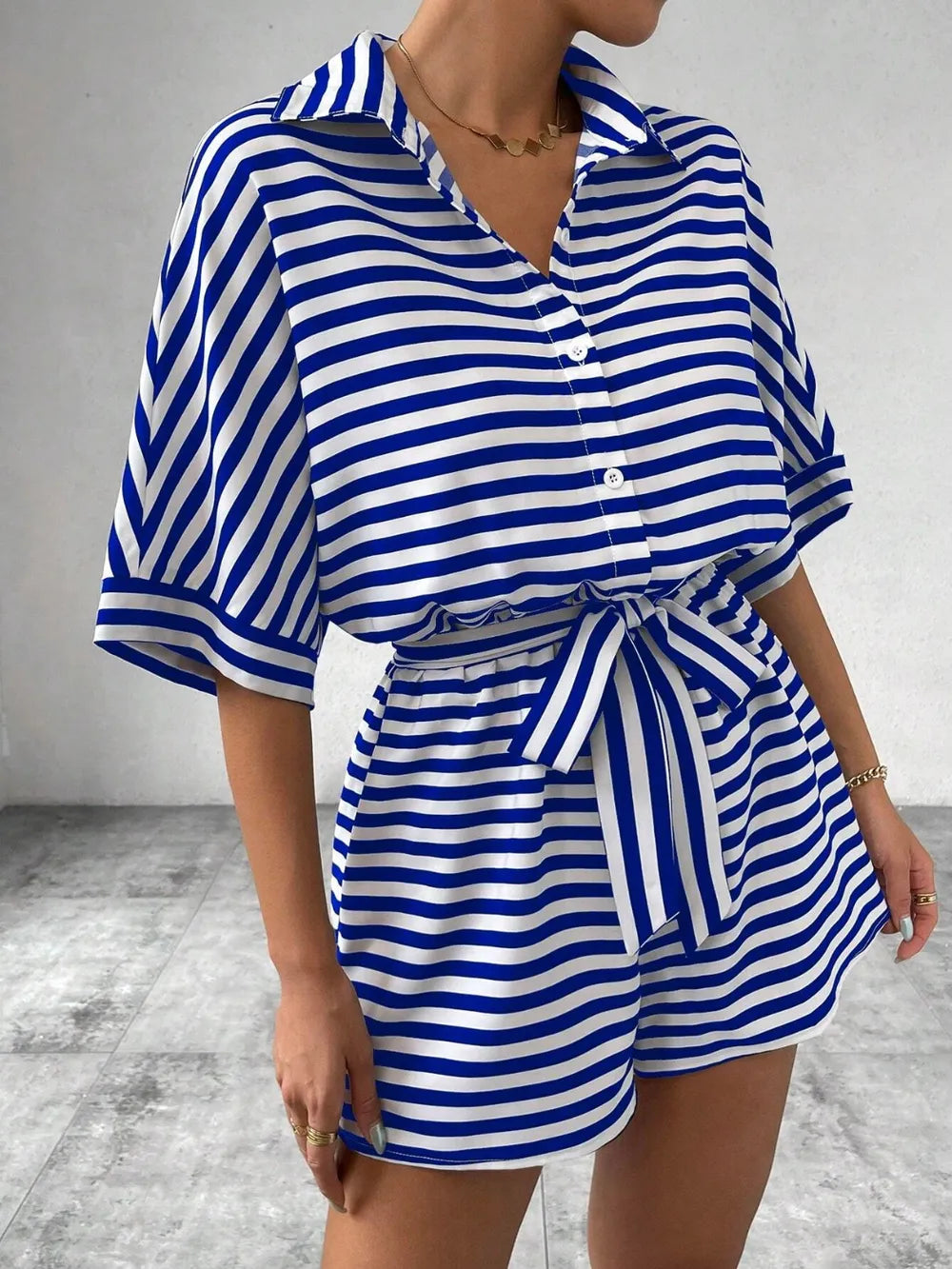 Tie Waist Half Button Striped Romper-Jumpsuits & Rompers-Krush Kandy, Women's Online Fashion Boutique Located in Phoenix, Arizona (Scottsdale Area)