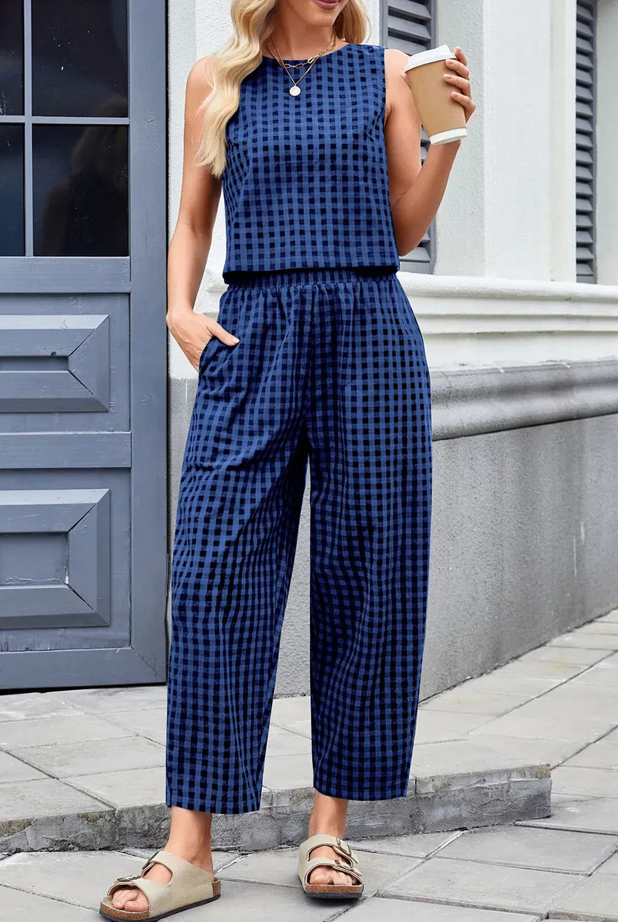 Lovelet Plaid Round Neck Sleeveless Top and Pants Set-2 Piece Outfit Sets-Krush Kandy, Women's Online Fashion Boutique Located in Phoenix, Arizona (Scottsdale Area)