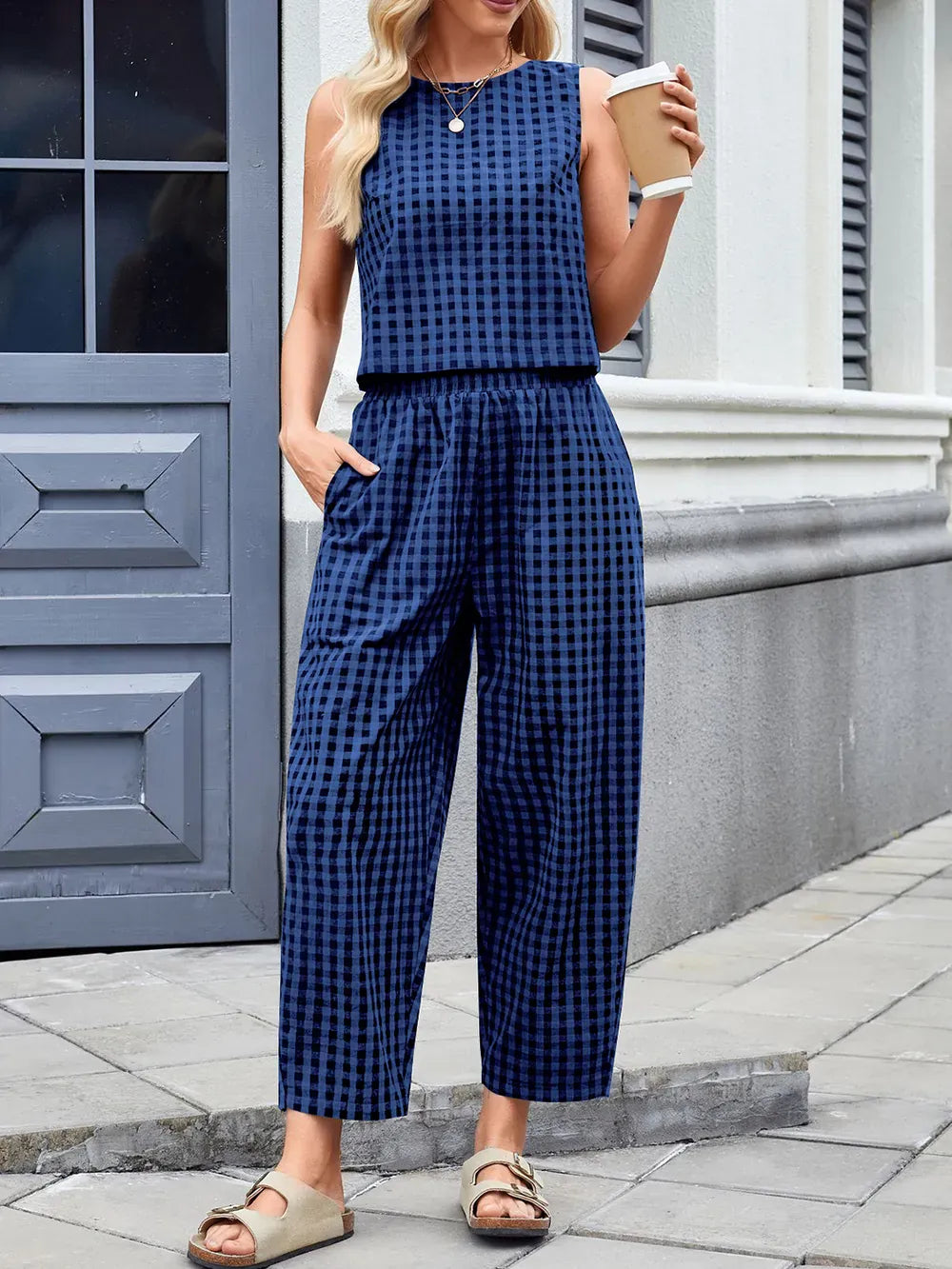 Lovelet Plaid Round Neck Sleeveless Top and Pants Set-2 Piece Outfit Sets-Krush Kandy, Women's Online Fashion Boutique Located in Phoenix, Arizona (Scottsdale Area)