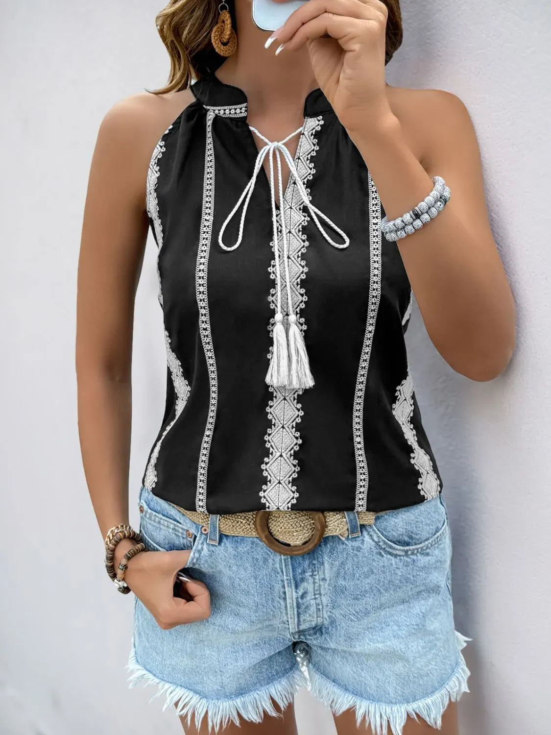 Boho Stitched Tassel Tie Tank-Krush Kandy, Women's Online Fashion Boutique Located in Phoenix, Arizona (Scottsdale Area)
