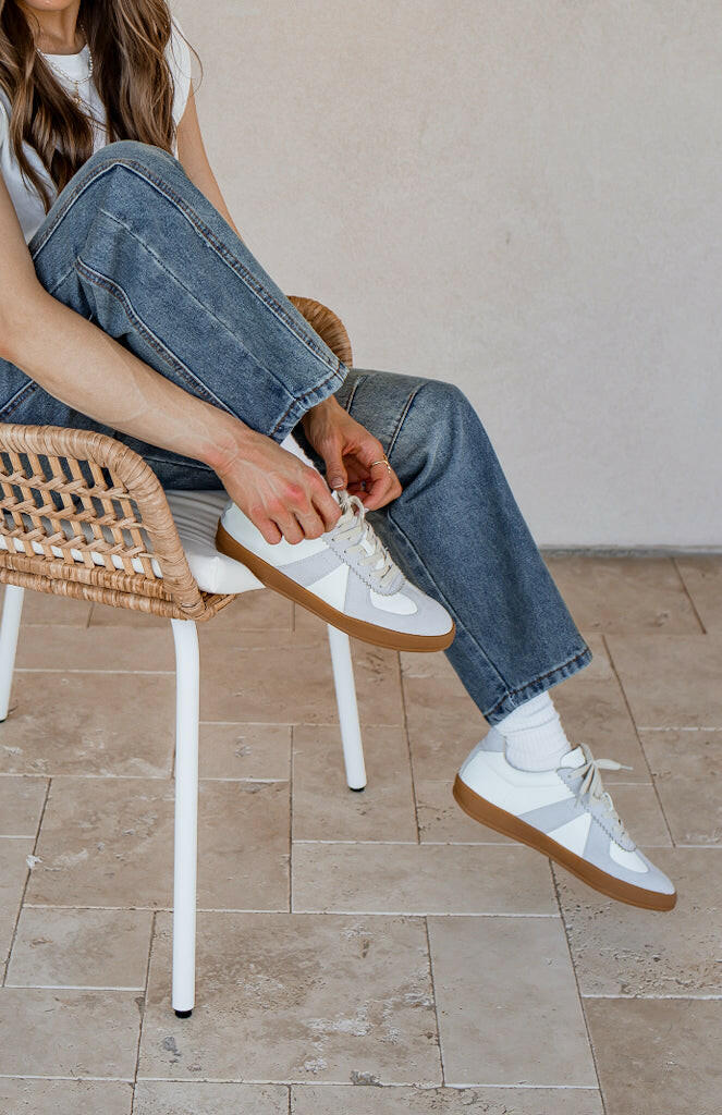 Maison Leather Suede Sneakers | White Grey-Sneakers-Krush Kandy, Women's Online Fashion Boutique Located in Phoenix, Arizona (Scottsdale Area)