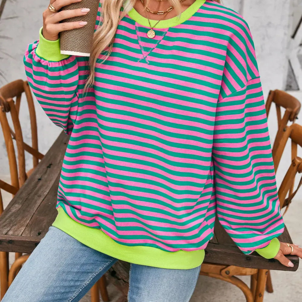 Lovelet Contrast Striped Long Sleeve Sweatshirt-Sweaters-Krush Kandy, Women's Online Fashion Boutique Located in Phoenix, Arizona (Scottsdale Area)