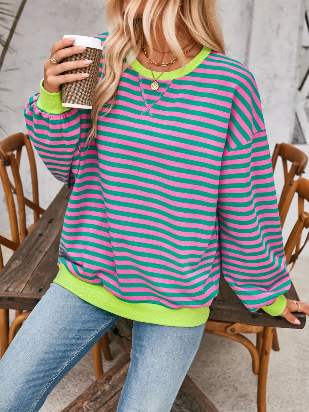 Lovelet Contrast Striped Long Sleeve Sweatshirt-Sweaters-Krush Kandy, Women's Online Fashion Boutique Located in Phoenix, Arizona (Scottsdale Area)