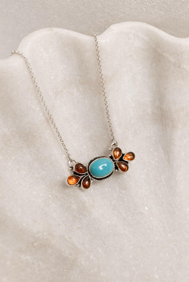 Turquoise & Amber Stone Necklace-Chain Necklaces-Krush Kandy, Women's Online Fashion Boutique Located in Phoenix, Arizona (Scottsdale Area)